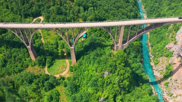 Panoramic aerial view of the Djurdjevic bridge above Tara blue river, Montenegro.