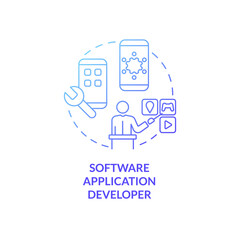 Software application developer blue gradient concept icon. Mobile app developer. Coding abstract idea thin line illustration. Isolated outline drawing. Roboto-Medium, Myriad Pro-Bold fonts used