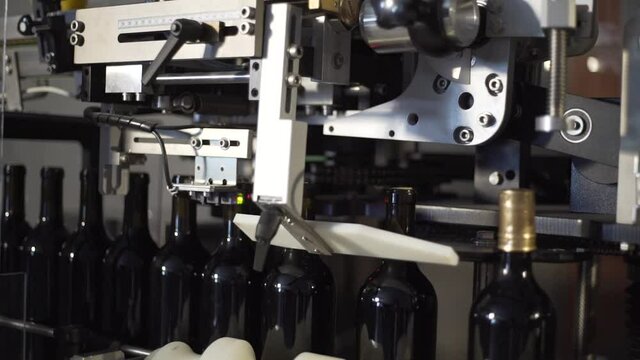 Cinta transportadora de botellas en una fabrica o bodega de vino 