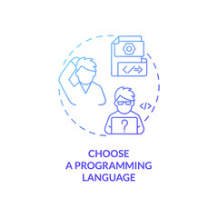 Choose a programming language blue gradient concept icon. Application development. Coding abstract idea thin line illustration. Isolated outline drawing. Roboto-Medium, Myriad Pro-Bold fonts used