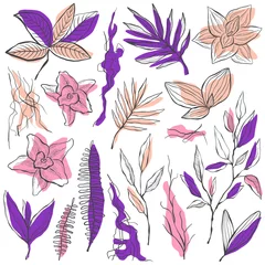 Fototapete Aquarell Natur Set Handzeichnungsvektorillustration tropischer Blätter und Blumen in trendigen Farben des neuen Jahres, isolierte Elemente auf weißem Hintergrund