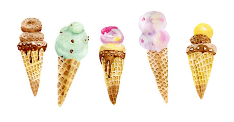 Ice cream horizontal banner for social networks food sweets watercolor illustration