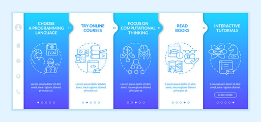 How to learn to code blue gradient onboarding template. Programming course. Responsive mobile website with linear concept icons. Web page walkthrough 5 step screens. Lato-Bold, Regular fonts used