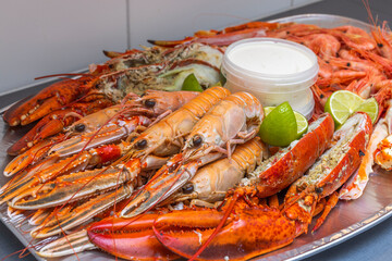 Close up view of colorful seafood plate. Healthy eating concept. 