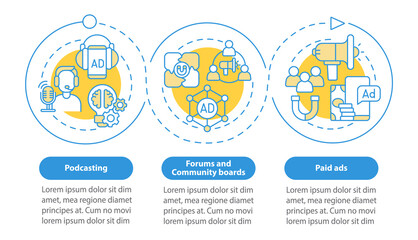 Digital marketing examples blue circle infographic template. Data visualization with 3 steps. Process timeline info chart. Workflow layout with line icons. Myriad Pro-Bold, Regular fonts used