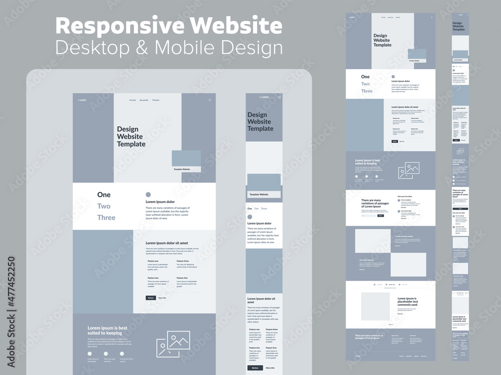 Poster website design. responsive desktop and mobile wireframe. landing page template.