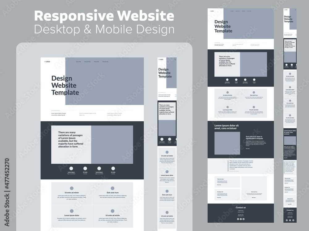 Poster website design. responsive desktop and mobile wireframe. landing page template.