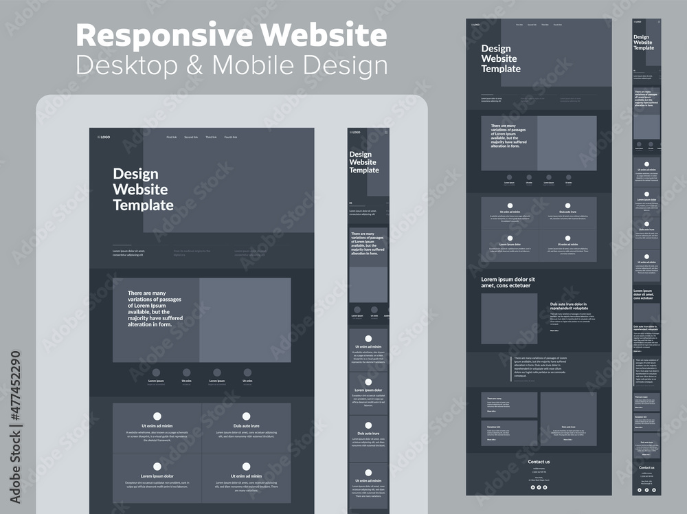 Poster website design dark mode. responsive desktop and mobile wireframe. landing page template.