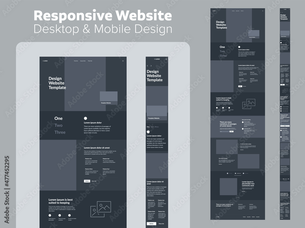 Poster website design dark mode. responsive desktop and mobile wireframe. landing page template.