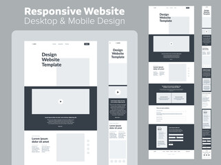 Website design. Responsive desktop and mobile wireframe. Landing page template.