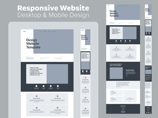 Website design. Responsive desktop and mobile wireframe. Landing page template.