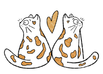 Cats love illustration. Funny cartoon cats valentine. Texture effect