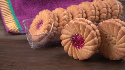 
Top view of Sweet jam biscuits. Sandwich biscuits or Cream biscuits isolated.
