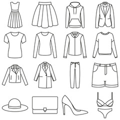 Zestaw ikon przedstawiających damskie ubrania.