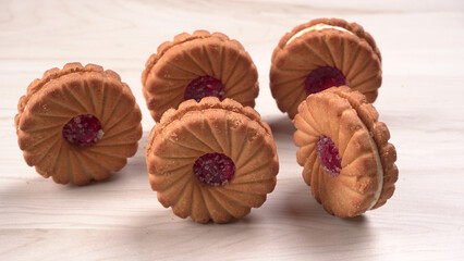Top view of Sweet jam biscuits. Sandwich biscuits or Cream biscuits isolated.