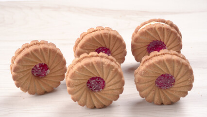 Top view of Sweet jam biscuits. Sandwich biscuits or Cream biscuits isolated.
