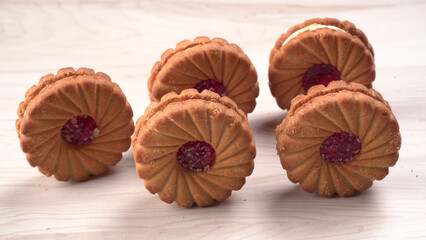 Top view of Sweet jam biscuits. Sandwich biscuits or Cream biscuits isolated.