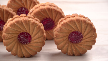 Top view of Sweet jam biscuits. Sandwich biscuits or Cream biscuits isolated.