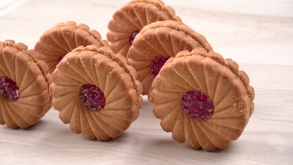 Top view of Sweet jam biscuits. Sandwich biscuits or Cream biscuits isolated.