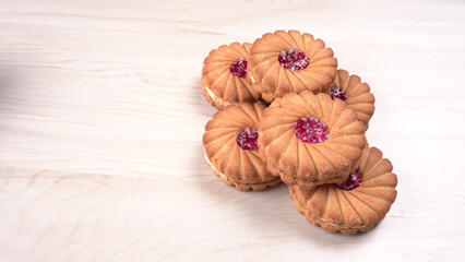 Top view of Sweet jam biscuits. Sandwich biscuits or Cream biscuits isolated.