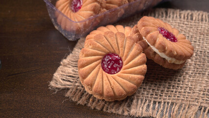 Top view of Sweet jam biscuits. Sandwich biscuits or Cream biscuits isolated.