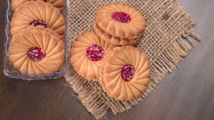 Top view of Sweet jam biscuits. Sandwich biscuits or Cream biscuits isolated.