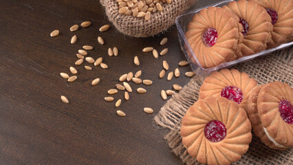 Top view of Sweet jam biscuits. Sandwich biscuits or Cream biscuits isolated.