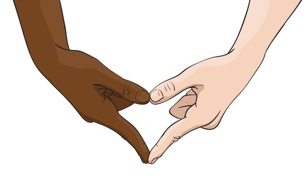 two multiracial hand love heart shape fingers vector illustration