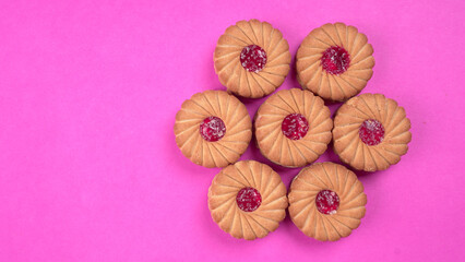 Top view of Sweet jam biscuits. Sandwich biscuits or Cream biscuits isolated.