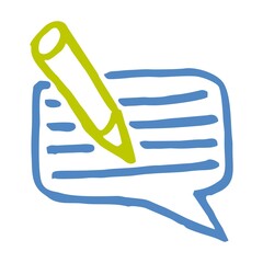 Simple outline blue and green doodle of a pencil and message bubble. Hand-drawn color line vector icon