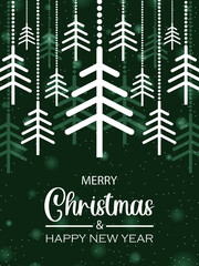 Fototapeta na wymiar Emerald greeting card Happy New Year and Merry Christmas. Cute winter illustration with hanging Christmas trees. Vector.