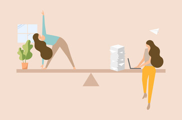 Work life balance concept, busy business working woman. Business woman doing yoga pose, business woman balancing her life, work life balance vector, business woman is working on laptop computer.