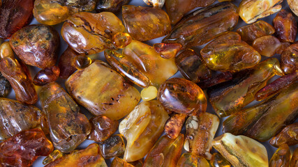 Natural orange and yellow amber texture close up. Wallpaper. Background.  Baltic amber stones close up. 