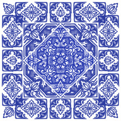 Azulejos - Portuguese tiles blue watercolor pattern. Traditional tribal ornament. Capri Maiolica. Delft Blue and White