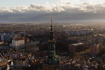 View of  th clock tower in Gdańsk at sunset