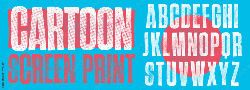 Fototapete cartoon screen print font. individually textured characters with a rough halftone screen print textu