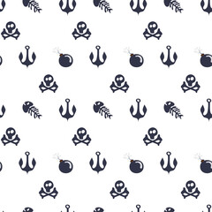 seamless pattern with skull, bones, fish skeleton, bomb and anchor