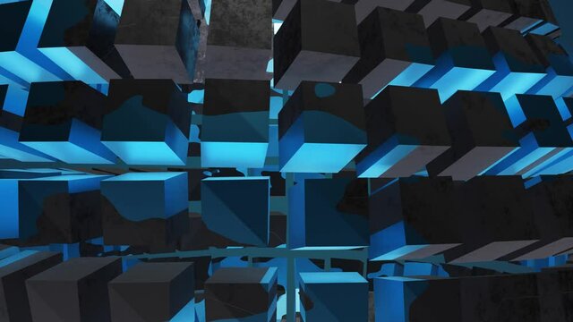 Bl&ouml;cke bewegen sich im Raum, helles Blau gleitet wallend &uuml;ber die Elemente ~ 4K Video. 3D Rendering - digitale Kunst