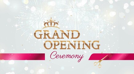 Grand opening background with silver fireworks and red ribbon. Ribbon cutting ceremony vector festive illustration.