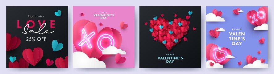 Romantic creative set of Happy Valentine's Day cards. Realistic 3d origami paper hearts over clouds. Heart shaped and XO neon symbols. Festive banner, sale poster, social media or promo templates.