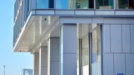 Commercial building close up in blue tone. Gigantic skyscraper from below. Architecture details of modern building amd glass facade. Business background on a beautiful sunny day. 