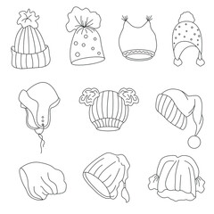 A set of different styles of hats. Vector outline illustration. Suitable for postcards, catalogs, pattern making. For posting on social networks. 