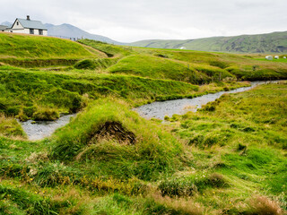 Fototapeta na wymiar Scenic landscape at historic Keldur farm, home to one of the oldest turf houses in Iceland