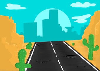 Cartoon road in the desert with cactus And mountains wallpaper 