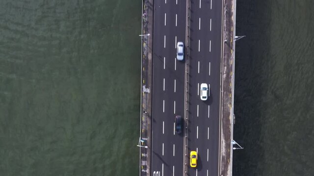 Aerial virew of the Ataturk Bridge at the Golden horn with traffic during the day, Istanbul, Turkey