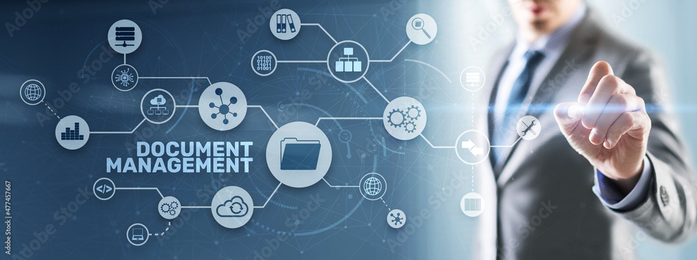 Poster document management data system business technology concept. dms on virtual screen