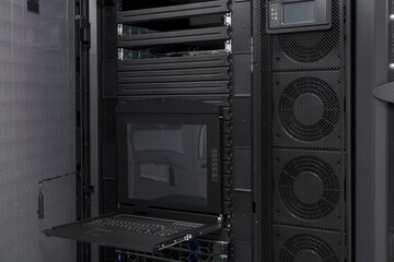 Data Center With Multiple Rows of Fully Operational Server Racks. Modern Telecommunications, Cloud...