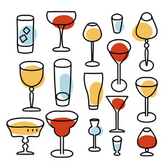 Line wineglass, cocktail cup icon set. Binge, drink, champagne, wine glassware elements with abstract shapes. Party celebration, holidays event, adult carnival element icon. Vector linear design.