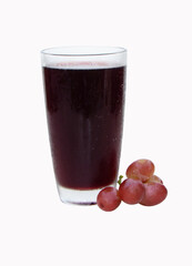 Glass of grape juice in tall glass. grapes put on side. It has dark purple color, sweet, sour taste, Contains vitamin (flavonoids) which have antioxidant properties. Isolated on white background