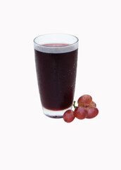 Glass of grape juice in tall glass. grapes put on side. It has dark purple color, sweet, sour taste, Contains vitamin (flavonoids) which have antioxidant properties. Isolated on white background